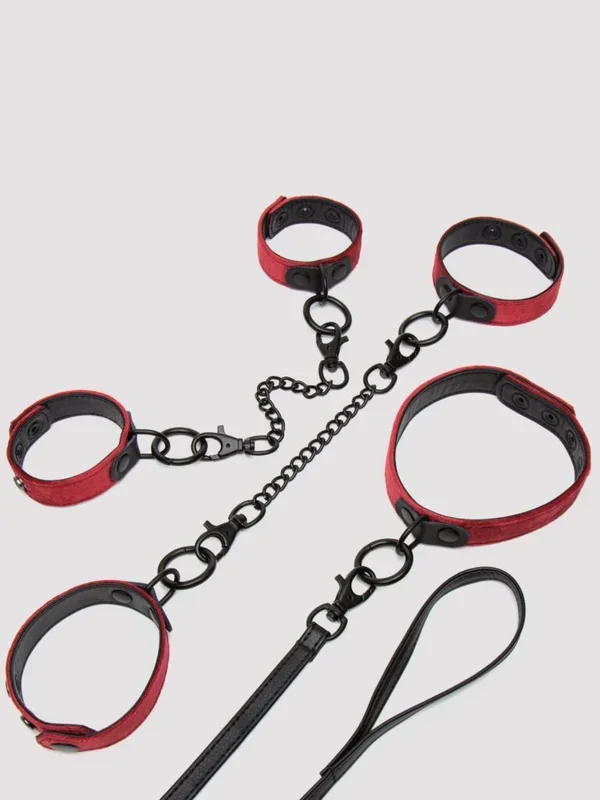 Bondage Boutique Ruby Velvet Collar, Wrist and Ankle Cuff Kit (3 Piece) – Red