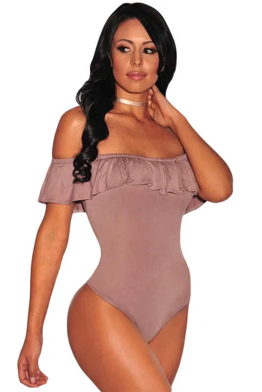 Kaamastra Off Shoulder Ruffle Taupe Bodysuit