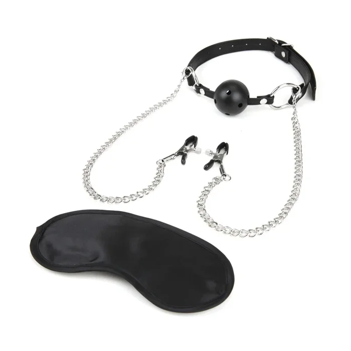 Lux Fetish Breathable Ball Gag With Adjustable Pressure Nipple Clamps Black Silver